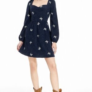 Cider Midnight Blue Embroidered Long Sleeve Dress